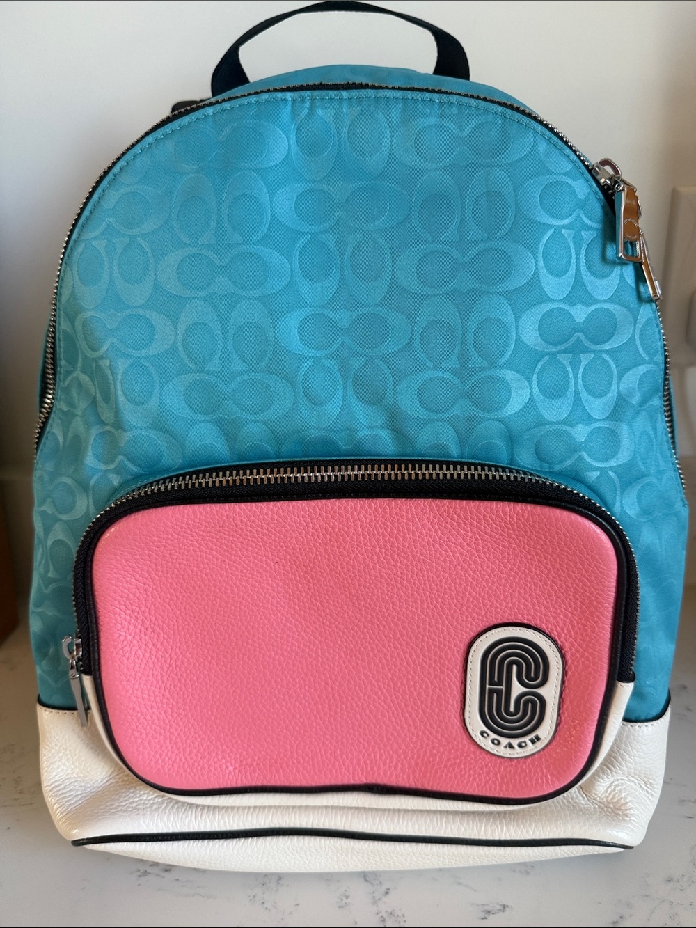Coach Court Backpack Colorblock Signature Nylon Leather Coach Patch Pink/Blue